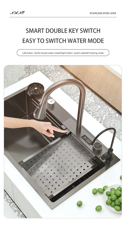 Waterfall Sink Kitchen Stainless Steel Topmount Sink Large Single Slot Wash Basin With Multifunction Touch Waterfall Faucet