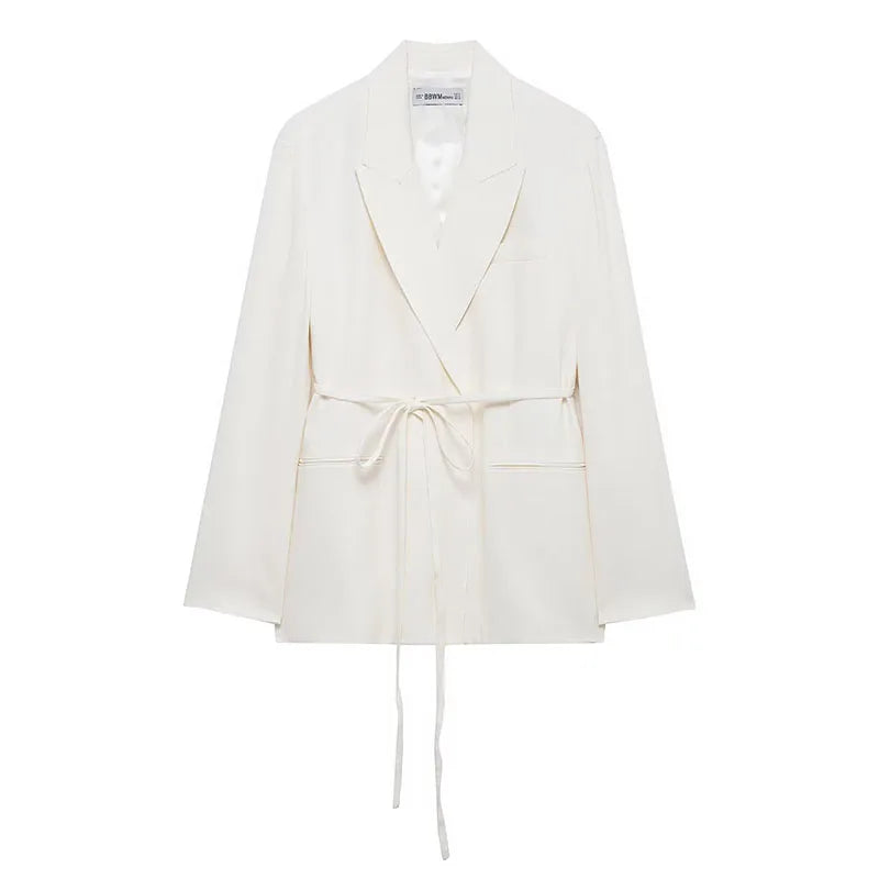 HH Women's Suits White Turn-Down Collar Long Sleeves Lace-Up Blazers+High Waist Zipper Long Pants Female Spring Fashion Sets