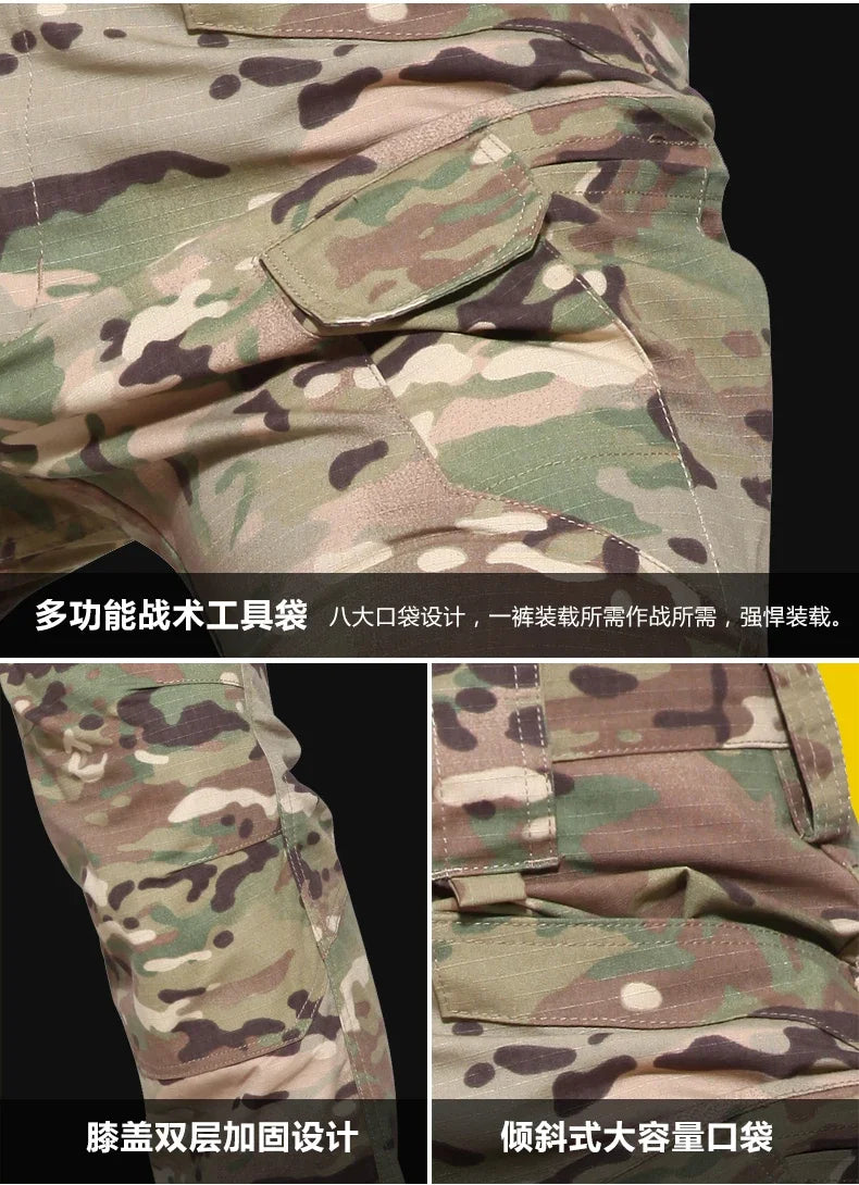 Autumn Tactical Sets Men Outdoor Breathable Short Sleeve Tshirt+Waterproof Straight Pant 2 Pcs Suits Camo Multi-pocket Cargo Set