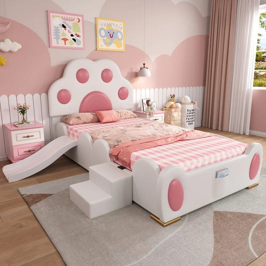 Cartoon süßes rosa Prinzessinnenbett, gepolstertes Bett, 90 x 200 cm, mit Kinderrutsche und zweistufiger Leiter, für Mädchenschlafzimmer