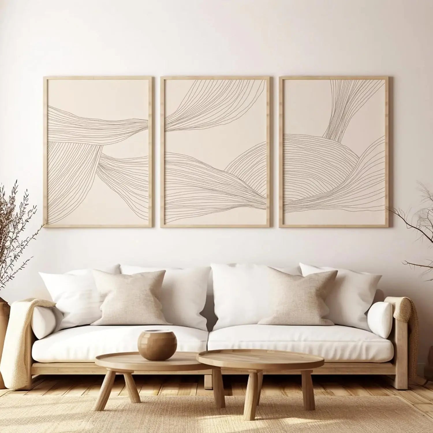 3 Pcs/Set Modern Abstract Wall Arts Beige Bohemian Canvas Mid-Century Piece Posters Geometric Line Printed Painting, No Frame.