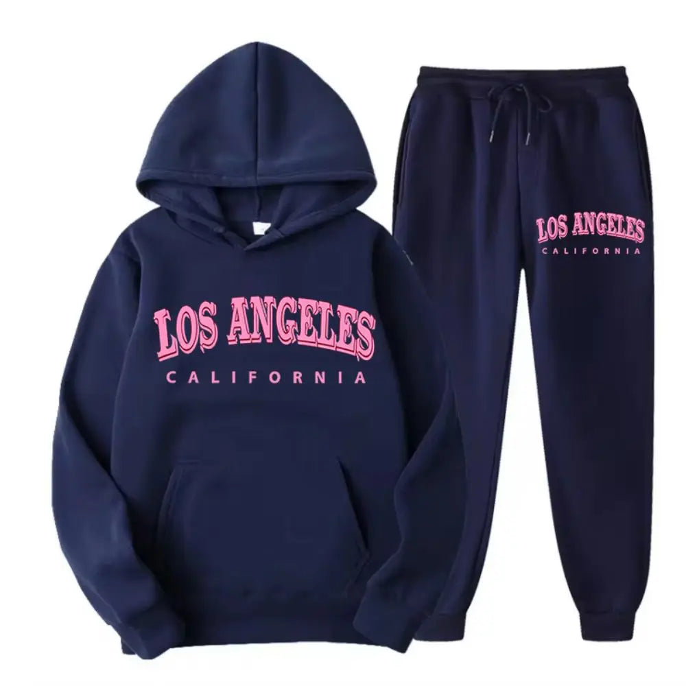 Two Piece Set Street Womens Hoodie & Pants Fleece Pocket Loose Pullover Los Angeles California Print Clothes Fashion Sportswear.