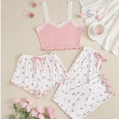 Rosa Spitzen-Patchwork-Pyjama-Set mit V-Ausschnitt für Damen, Nachtwäsche, sexy Nachthemden, Cami-Top, bedruckte Shorts, weiche Pyjamas, Loungewear.