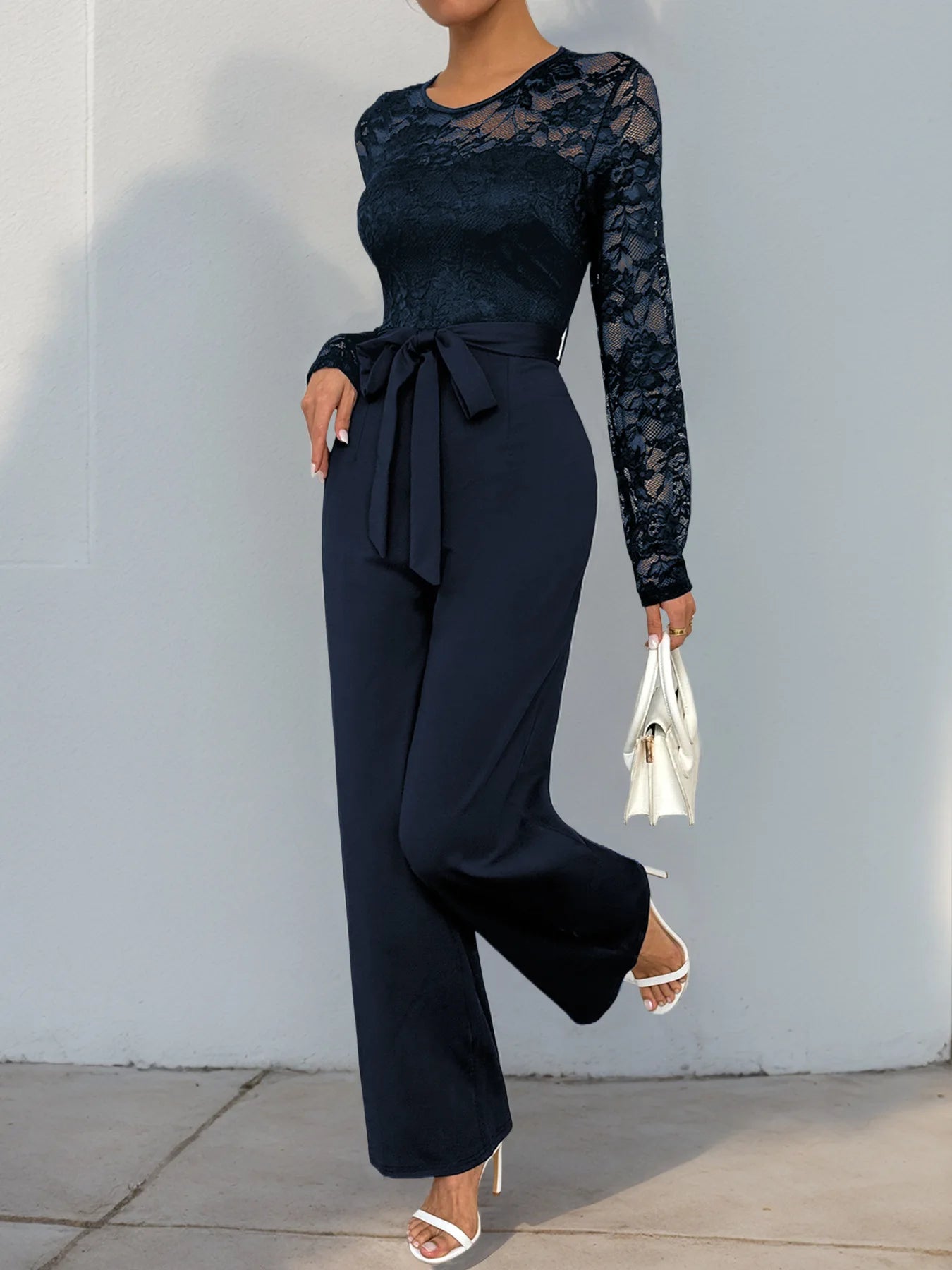 Spring New Women's Sexy Lace Spliced Long Jumpsuit Fashion Solid Color Hollow Long Sleeve Casual Laces Wide Leg Jumpsuit Women.