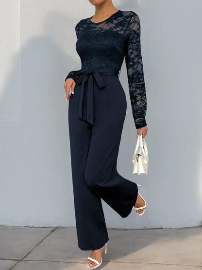 Spring New Women's Sexy Lace Spliced Long Jumpsuit Fashion Solid Color Hollow Long Sleeve Casual Laces Wide Leg Jumpsuit Women.