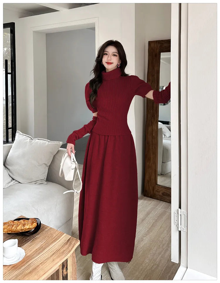 VigoAnne Spring Autumn 2025 Turtleneck Knit Woman 2 Piece Set Casual Solid High Waist Skirts Suits Korean Lady Long Dress Suit