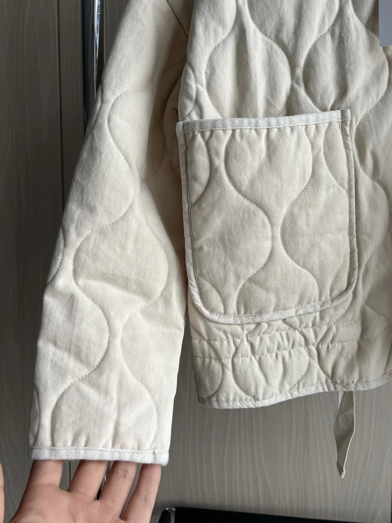 ZW Women's Cotton Jacket  2025 New Arrival Vintage Lenzing Rayon High Collar Large Pocket Decorative Quilted Coat for Women.