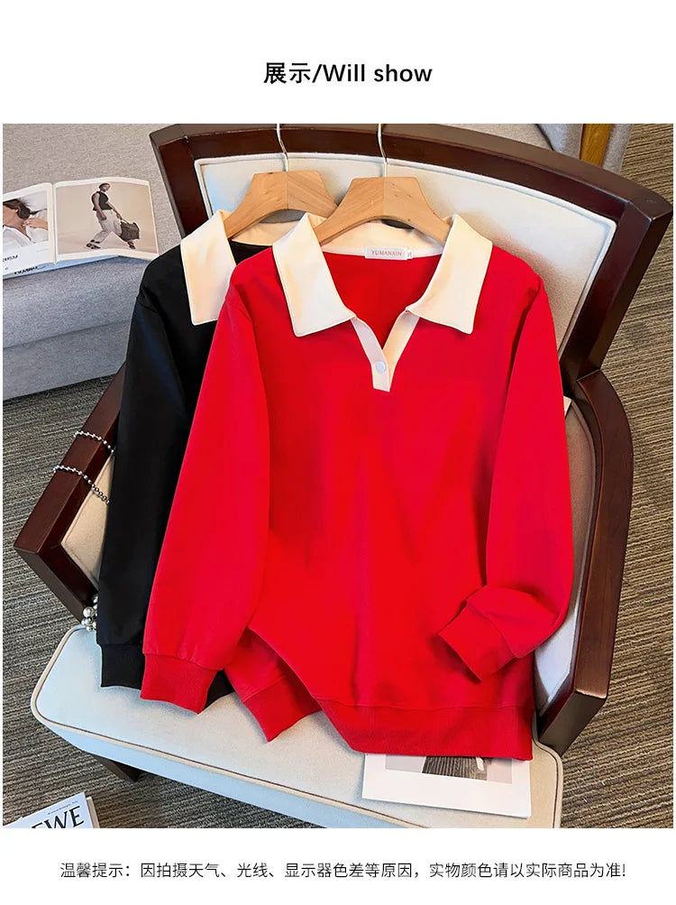 170kg plus size Damen büste Herbst lose Revers Langarm Sweatshirt schwarz rot 6xl 7xl 8xl 9xl 10xl 11xl.