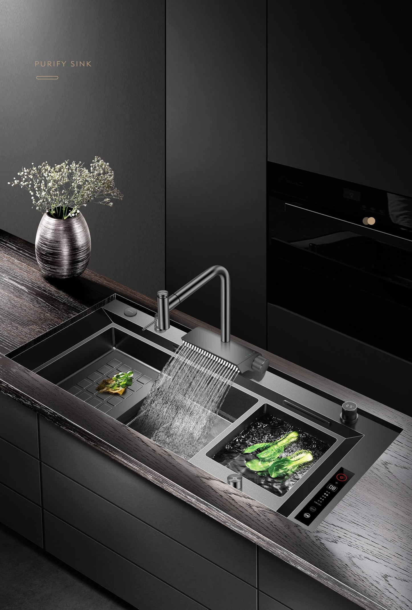 ASRAS high-quality 304 stainless steel multifunctional kitchen sink intelligent food purification large-sized sink nano gray