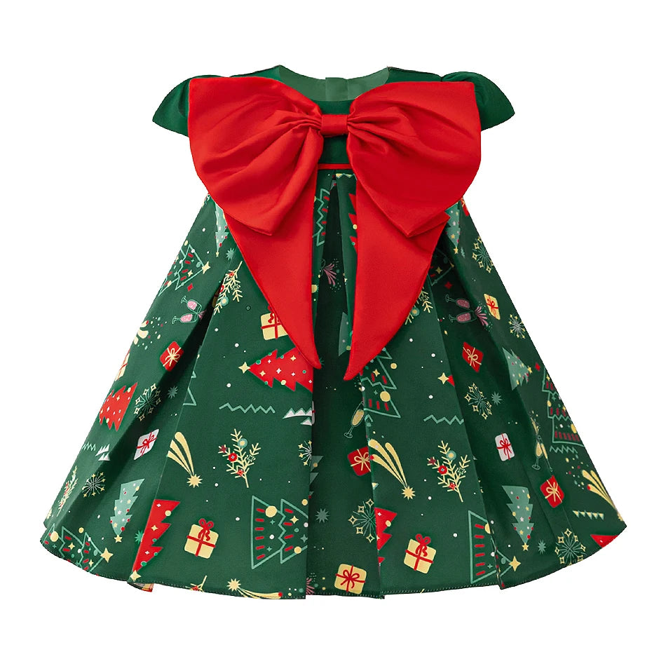 Kleinkind Santa Claus Cartoon Gedruckt Bogen Prinzessin Kleid Infant Weihnachten Thema Party Ballkleid Neugeborenen Nette Charme Kostüme.