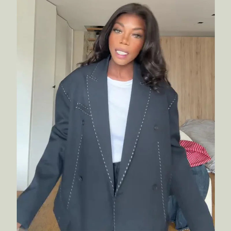 Fashion Line Suit Jackets Pants Sets Women Loose Lapel Double Breasted Blazer Pleated Wide Leg Pant 2025 Autumn Lady Office Suit.