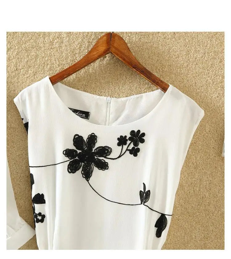 Neuer eleganter Anzug, zweiteiliges Kleid, hohe Taille, ärmellos, schlanker A-Linien-Rock, Blumenstickerei, weißes Oberteil, Schleife, Gürtel, Vintage-Frau.