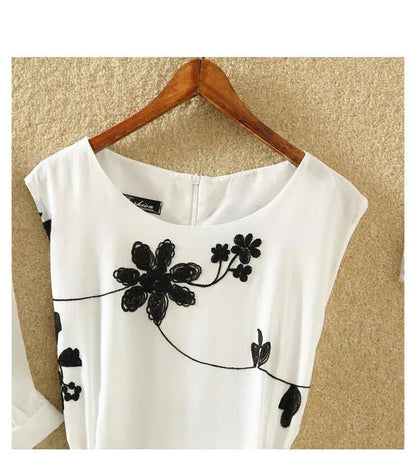 Neuer eleganter Anzug, zweiteiliges Kleid, hohe Taille, ärmellos, schlanker A-Linien-Rock, Blumenstickerei, weißes Oberteil, Schleife, Gürtel, Vintage-Frau.