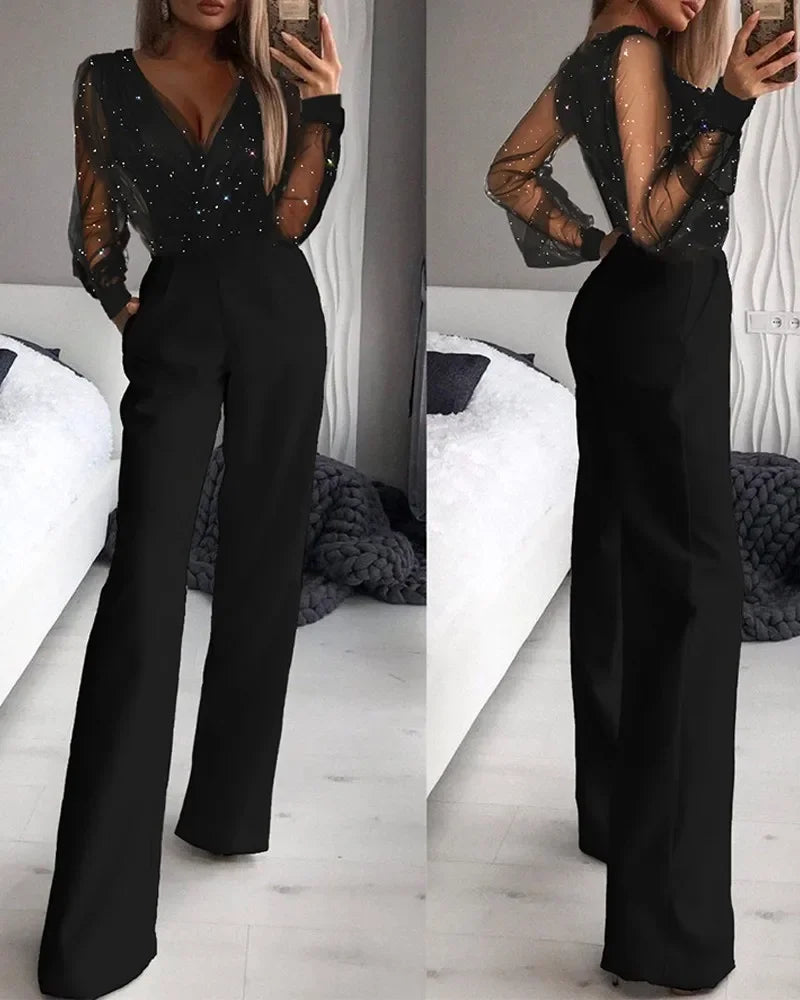 Jumpsuit Women Elegant Slim Long Pants One Piece Outfit V-neck Party Club Rompers Summer 2025 Sexy Lace Straight Leg Jumpsuits.