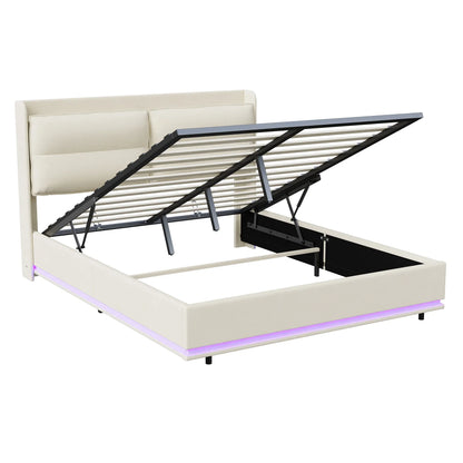 Lazyspace gepolstertes Doppelbett mit LED-Licht, Bettgestell 160 x 200 cm, Druckbett mit Lattenrost aus Holz, ohne Matratze
