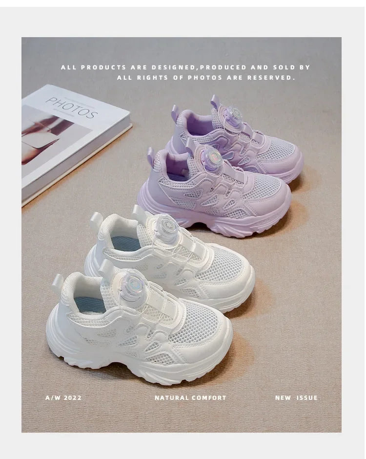 Kids Running Shoes Rotating Button Children Sports Shoes Mesh Breathable 2025 Brand New Children Sneakers Thick Comfortable.