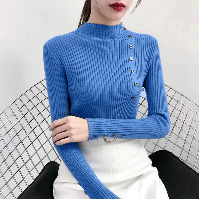 2023 frauen Herbst Gestrickte Dünne Pullover Solide Strickte Weibliche Baumwolle Weiche Elastische Farbe Pullover Taste Volle Hülse Rollkragen.