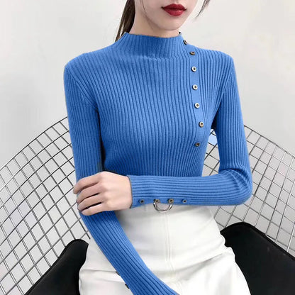 2023 frauen Herbst Gestrickte Dünne Pullover Solide Strickte Weibliche Baumwolle Weiche Elastische Farbe Pullover Taste Volle Hülse Rollkragen.