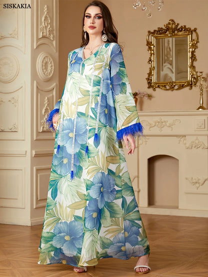 Siskakia Muslim Floral Print Dresses Women's Jalabiya Ramadan Elegant Casual Abayas Dubai Moroccan stylish Long Sleeves Kebaya.