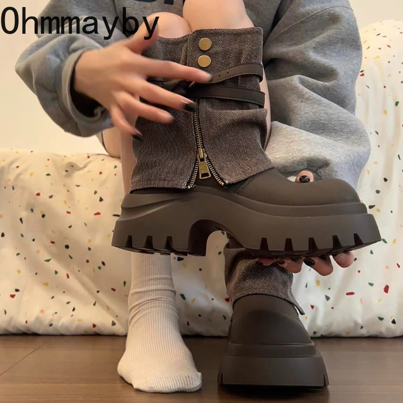 Winter Punk Style Women Ankle Boots Fashion Belt Buckle Shoes Ladies Concise Chunky Platform Heel Short Booties Zapatos De Mujer.