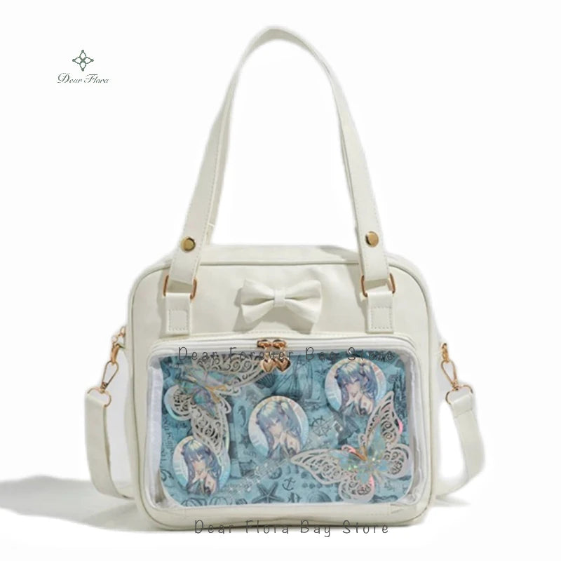 Y2K Cute Bow Ita Bag Girl Transparent Messenger Bag Women Fashion Shoulder Crossbody Bag Ladys DIY Badge Tote Bag Lolita Handbag