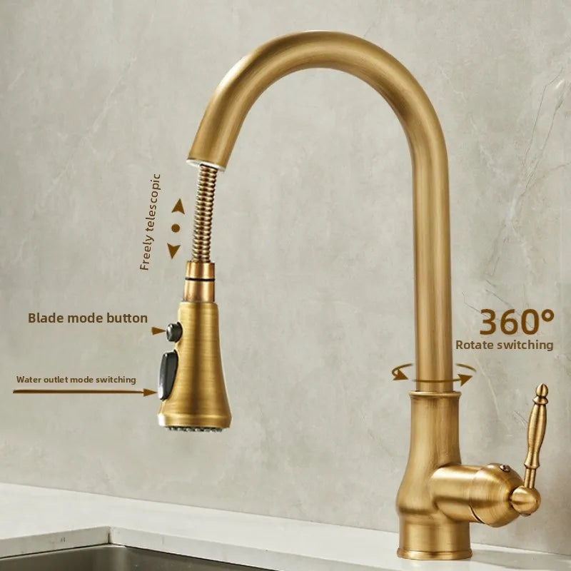 Antique Brass Kitchen Faucet Pull Out Spout Kitchen Faucets Black Single Hole Swivel Hot Cold Water Kitchen Mixers Taps