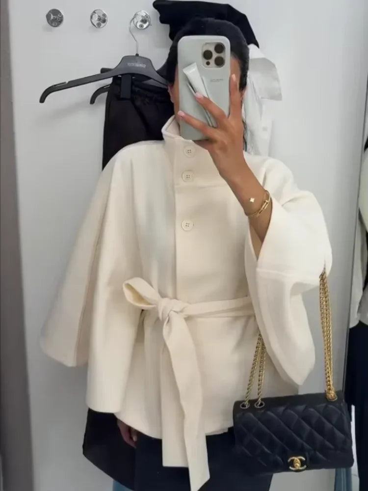 Damen-Jacke aus Wolle mit weißem Bund, elegant, langärmelig, Stehkragen, einreihig, Oberbekleidung, 2025, neuer Straßen-Outdoor-Mantel.