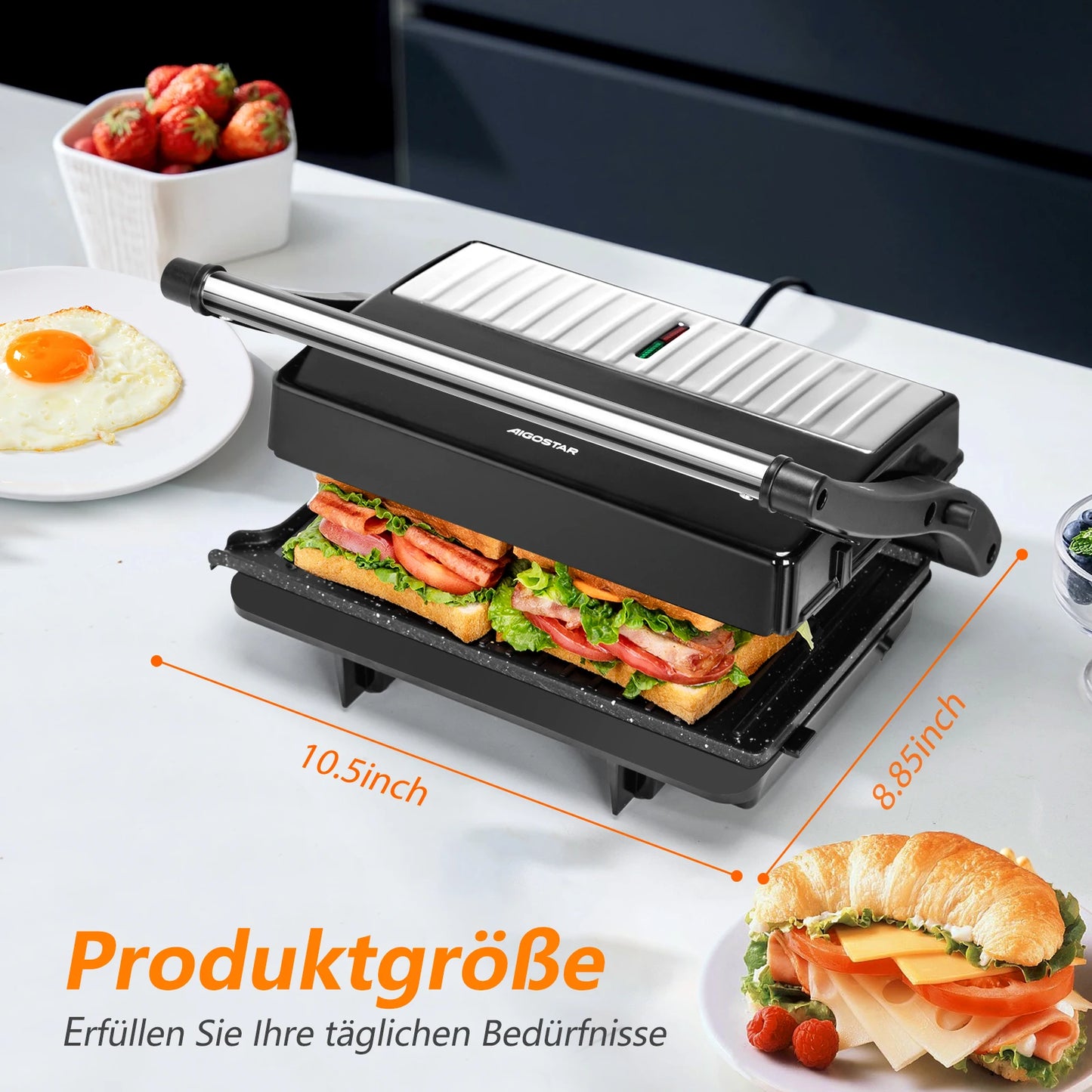 Aigostar Contact Grill for Sandwiches, Steak, Panini Grill and Sandwich Maker with Non-Stick Coating, 1000W, 23 X 14.5cm.