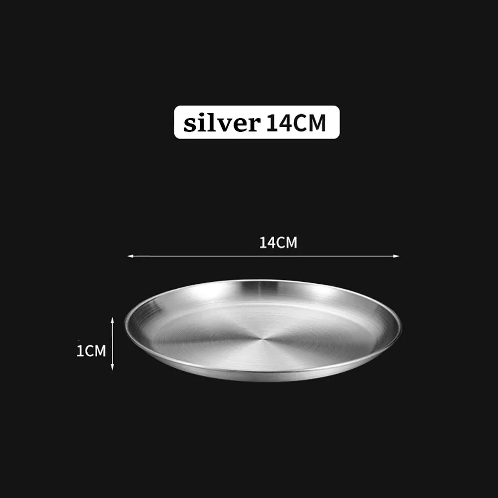 1Pcs Gold Stainless Steels Metal Round Plate Rust-Proof Shallow Tray Plate Camping Plate BBQ Picnic Dishes Cookware Tableware