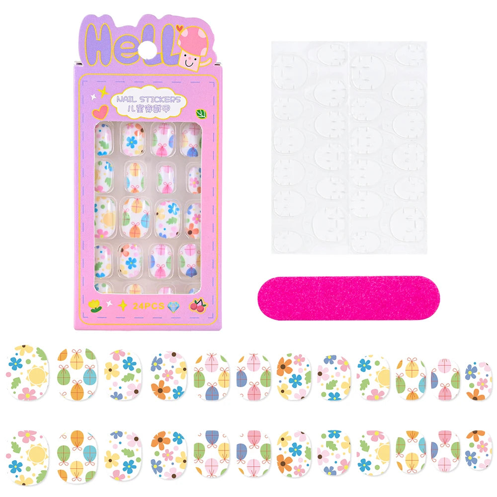 24Pcs/box Kids nails for Girl Cartoon Pattern False Nail Cute Child Fake Nails Tips Kawaii Acrylic Artificial Press on Nail+Tool