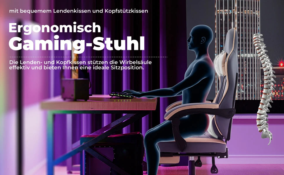 WOTSTA Gaming-Stuhl mit Fußstütze, Gamer-Stühle, ergonomisch, mit Lendenkissen, Kopfstützenstuhl, höhenverstellbarer Computerstuhl