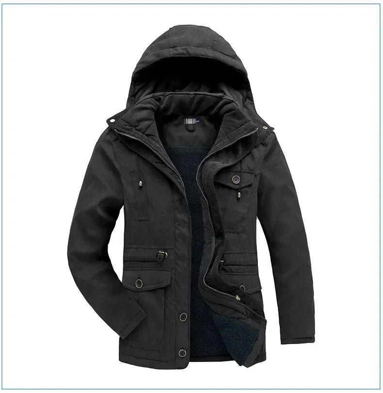 Men's Jacket WINTER USA SIZE Large SIZE Lamb Fleece JACKETS Hooded Cotton Thickened Multi Pocket Casual Mid length Coat