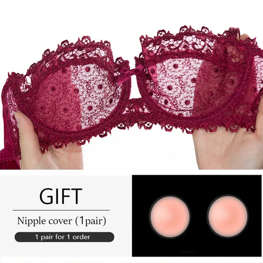 Plus Size Sexy Half Cup Lace Bra Sheer Mesh Unlined Bralette for Women A D Cup, Invisible Push Up Underwire Lingerie Set.