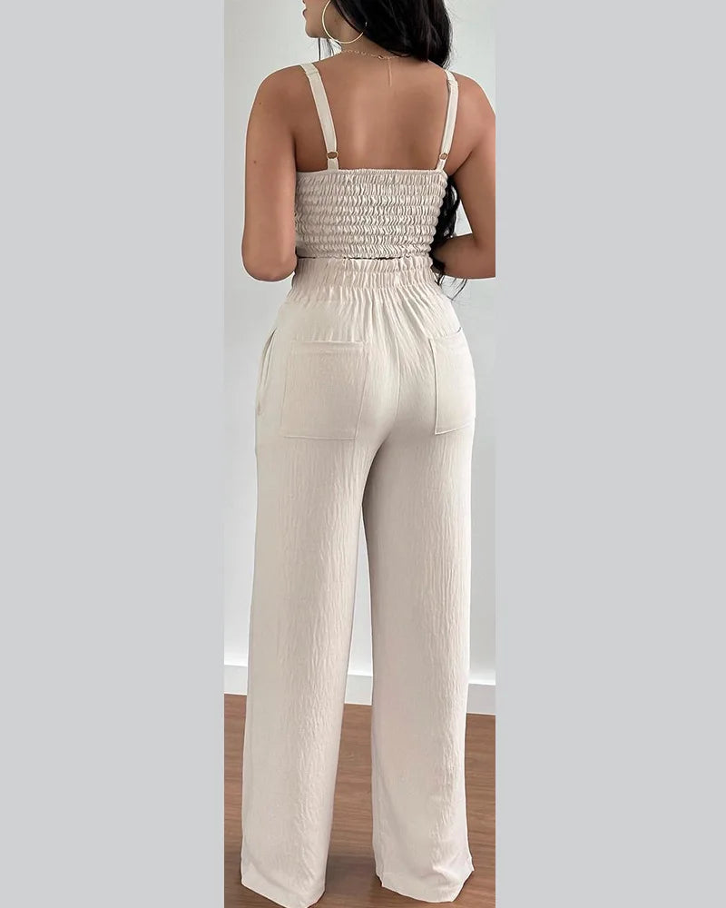 Women Fashion Print Halter V-Neck Short Tank Suit Tops Long Pants Matching Set Summer Casual Female Slim Pants Two Piece Sets