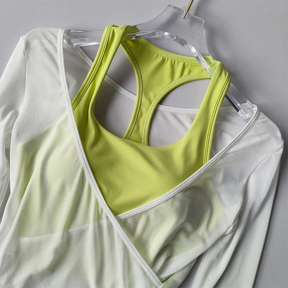 Sexy Mesh Slimming Yoga Suit for Women Gathering Together Sports Bra Fake Two Pieces of Quick Drying Training Pilates Cover Up.