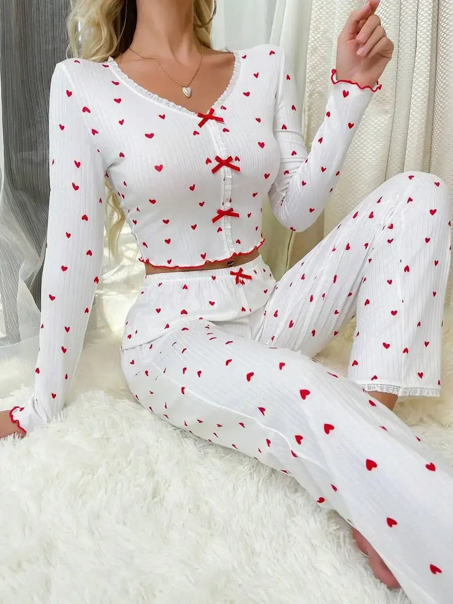 Pyjama-Set mit Herz-Druck, geripptem Rüschenbesatz für Damen, Nachtwäsche, gestrickt, V-Ausschnitt, lockere Oberteile, elastische lange Hosen-Sets, Homewear.