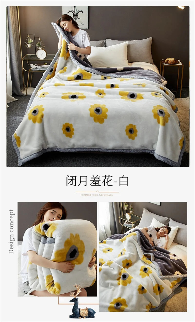 Double Sided Printed Autumn Winter Blankets for Bed Soft Warm Encrypted Flocking Raschel Blanket Skin Friendly Weighted Blanket