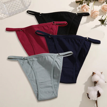 FINETOO 4Pcs Women's Cotton Panties Sexy Metal Ring Waist Underwear Solid Breathable Panties Ladies Soft Briefs Comfort Lingerie.