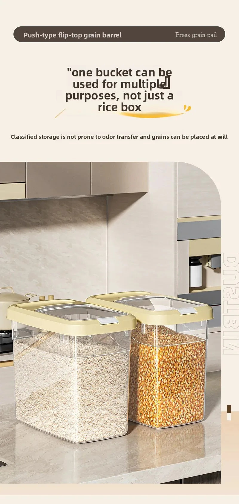 Food Grade Press to Open Seal Moisture Proof Insect Resistant Large Capacity Grain Storage Box Home Use Rice Tub for Grains.