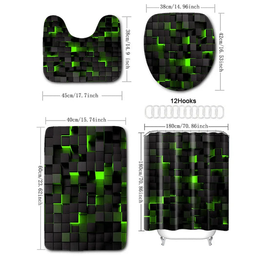 4-teiliges Set mit technologischen, blauen und schwarz karierten, bedruckten, wasserdichten Duschvorhängen mit 12 Haken, Badezimmer-Fußmatten