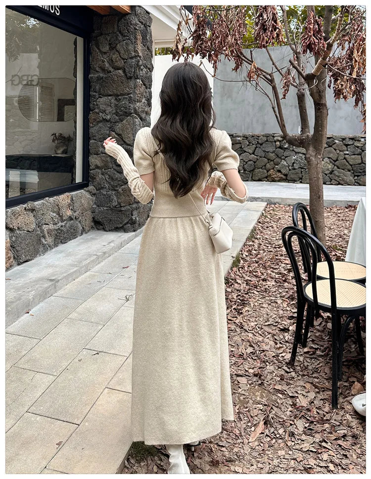 VigoAnne Spring Autumn 2025 Turtleneck Knit Woman 2 Piece Set Casual Solid High Waist Skirts Suits Korean Lady Long Dress Suit.