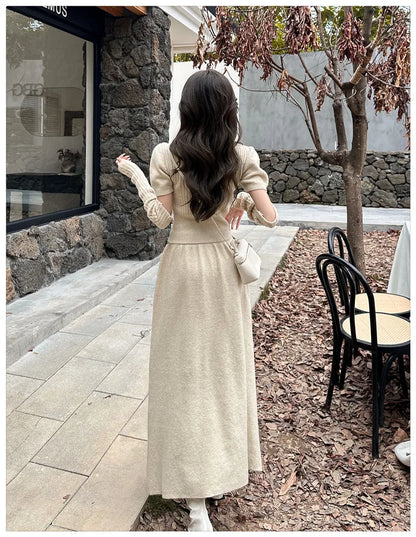 VigoAnne Spring Autumn 2025 Turtleneck Knit Woman 2 Piece Set Casual Solid High Waist Skirts Suits Korean Lady Long Dress Suit.