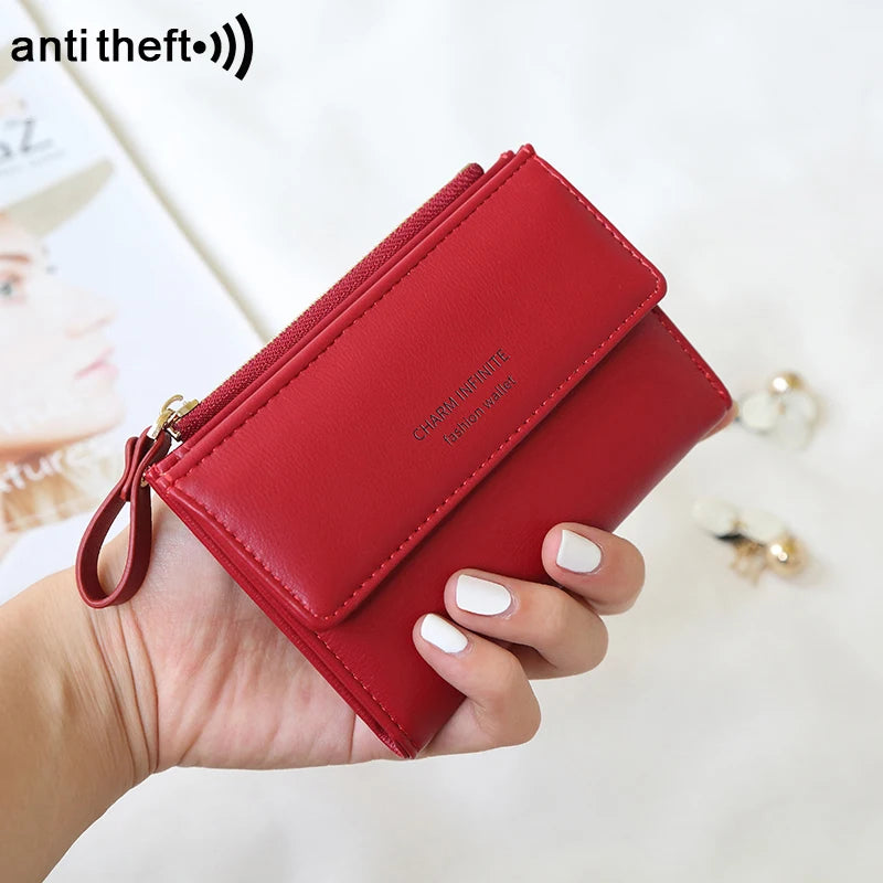 RFID Anti-Theft Short Card Bag for Women, Brush, PU, Solid Color, Zipper Buckle, Multi-functional Fashion, Small Purse.