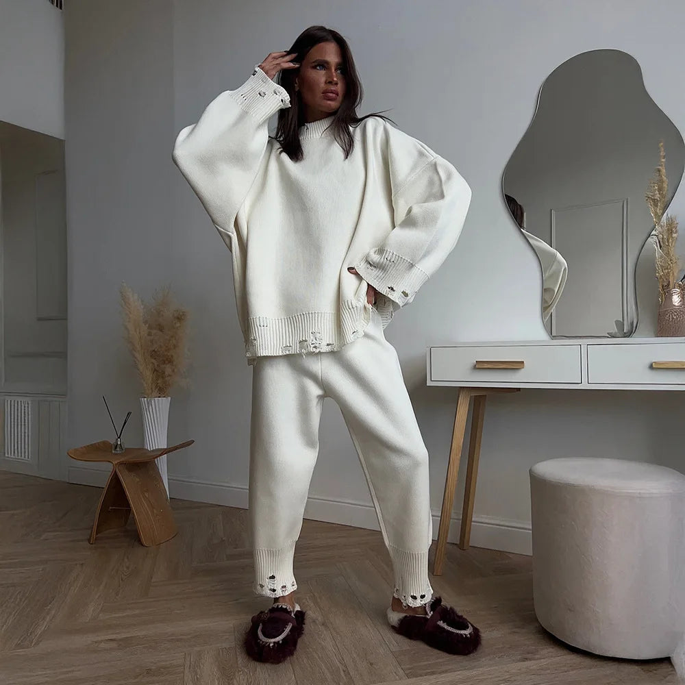 Two Piece Ripped Set Women Knit Tracksuits O Neck Long Sleeve Casual Baggy Sweatshirts+ Joggers Pants Outfits 2025 Fall Winter