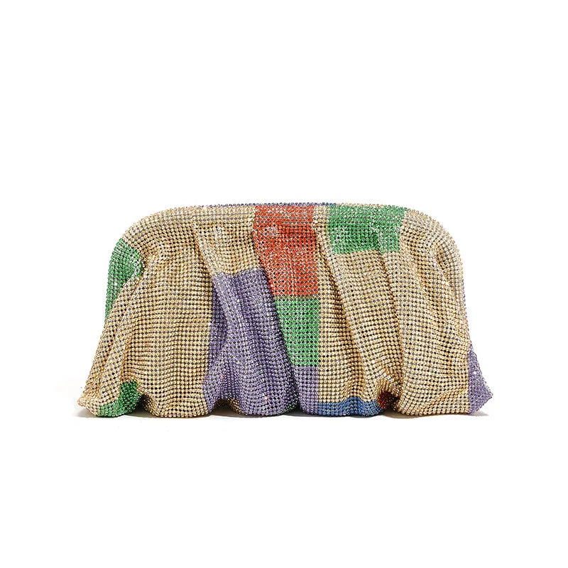 Premium Handmade Diamond-encrusted Clutch Bag Pleated Chain Rhinestone Cloud Clip Dinner Bag Single Shoulder Oblique Span Bolsos