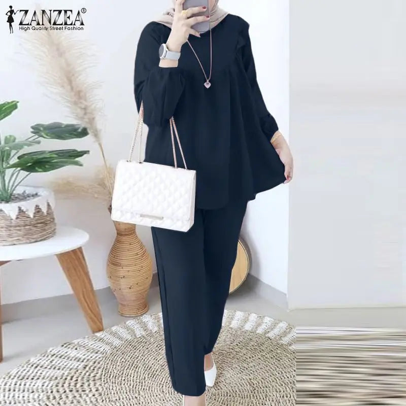 ZANZEA Women Elastic Waist Trouser 2pcs Tracksuit Muslim Fashion Long Sleeve Ruffles Tops Turkey Pant Sets Elegant Matching Sets.