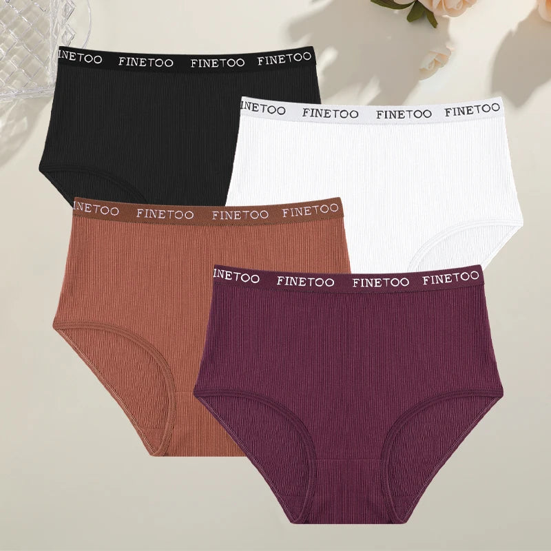 4Pcs/Set Women's Ribbed Striped Cotton Briefs Plus Size Panties Lady High Waist Breathable Underwear Solid Lingerie Shorts S-XXL
