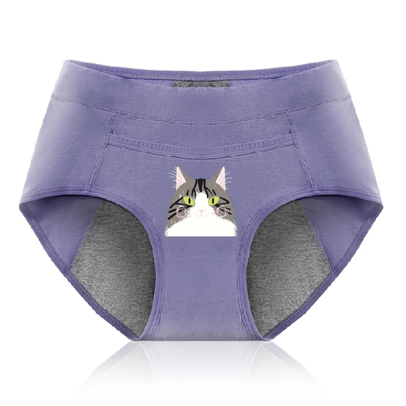 Cotton Menstrual Panties Leak Proof Breathable Cartoon cat Panties Woman Women Girls Physiological Pants Women's Intimates M-XL