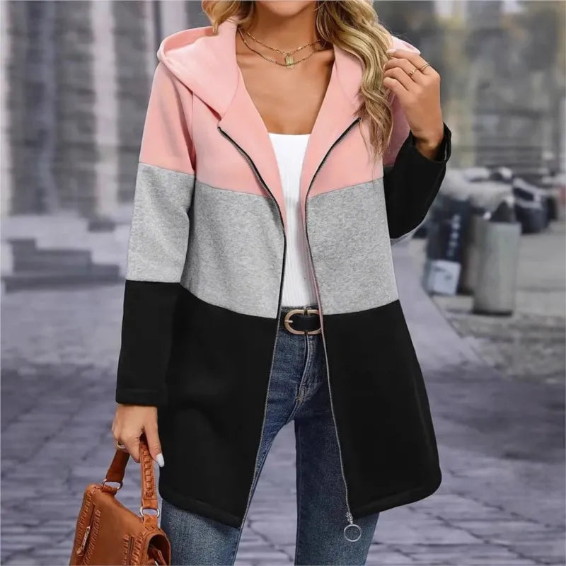 Frauen Casual Jacke Kosten Frühling Mode Lose Kontrast Farbe Drei Farbe Spleißen Kapuze Jacke Zipper Tops Frauen Kleidung.