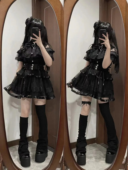 Japanese Mine Lolita Bow Shirt Subcultural Shirts Female Cute Black and White Lace Long-sleeved Short-sleeved Blouse Women.